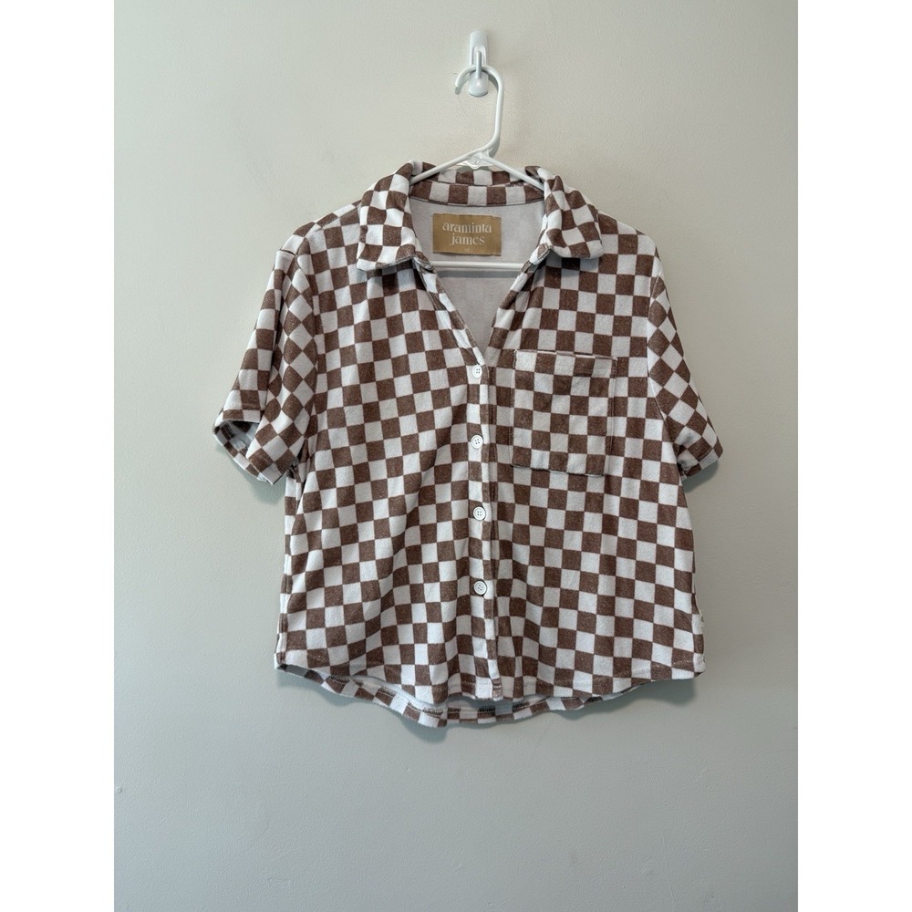 Araminta James Terry Button Down Short Sleeve Shirt Retro Check Brown Size XS - Picture 2 of 7